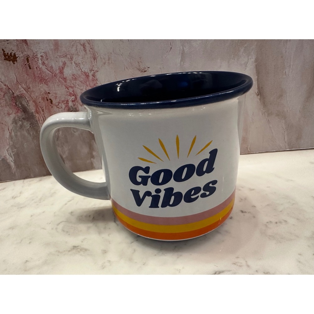 Boston Warehouse Good Vibes Coffee Mug White Navy Blue Retro Stripes Ceramic Cup